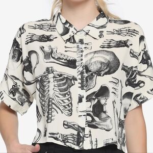 Anatomical Skeleton Sepia Boxy Girls Crop Button-Up